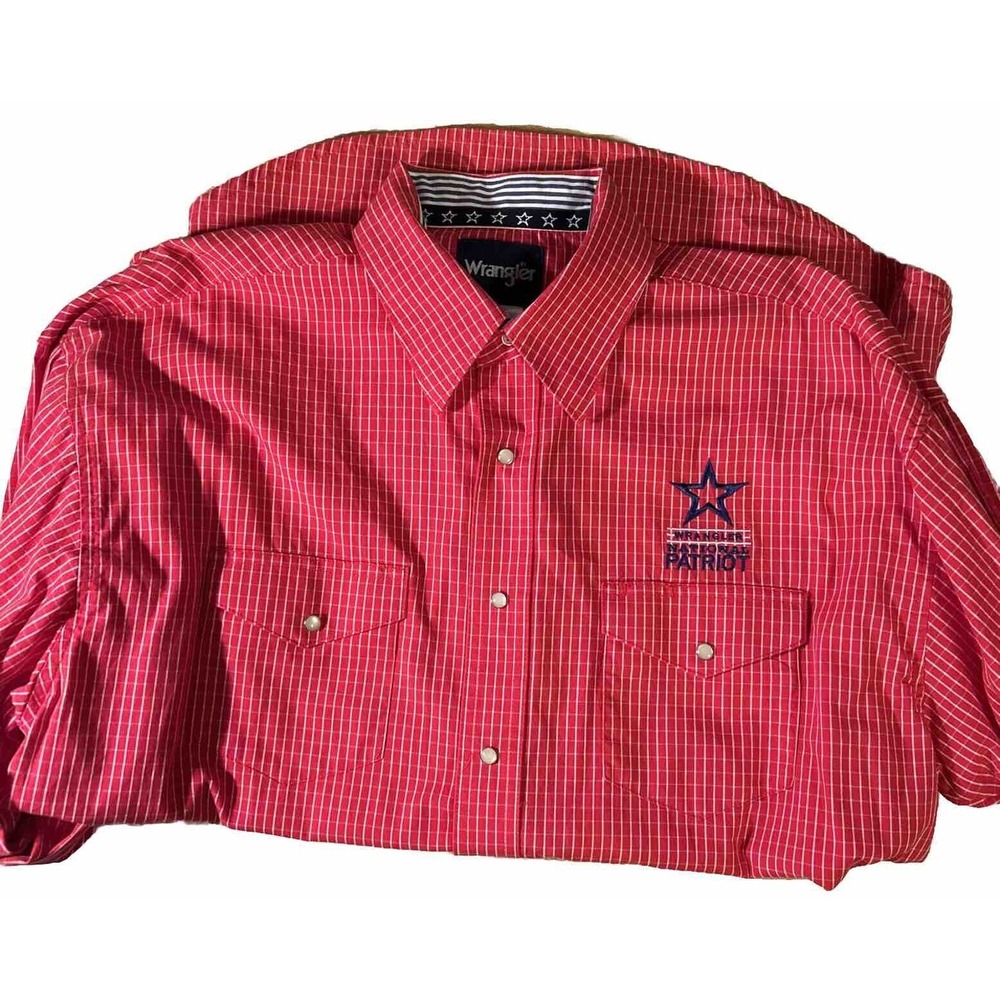 Wrangler Shirt Western Red Plaid Pearl Snap National Patriot VTG Size L‎